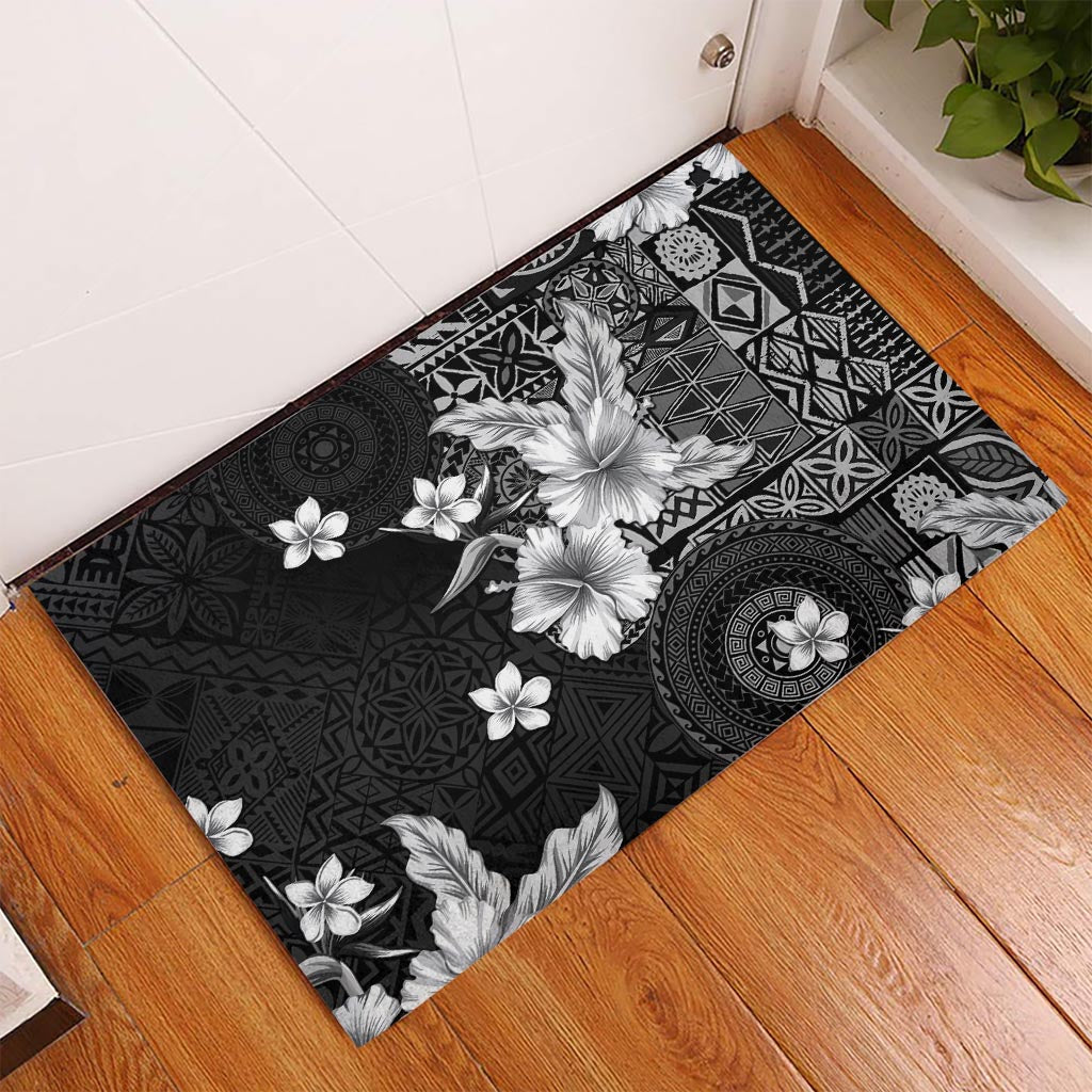 Hawaii Tapa Pattern With Black Hibiscus Rubber Doormat LT05 Black - Polynesian Pride