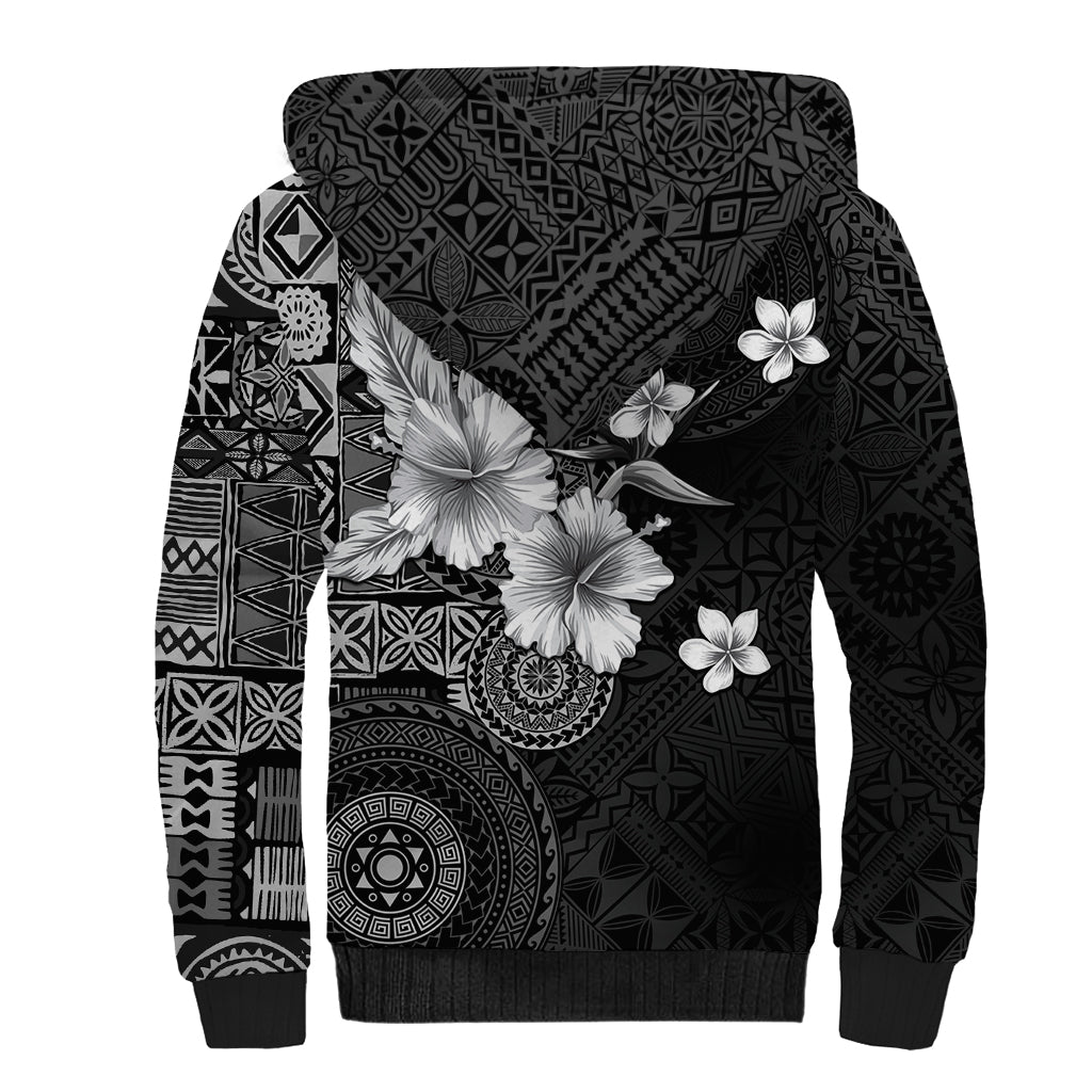 Hawaii Tapa Pattern With Black Hibiscus Sherpa Hoodie