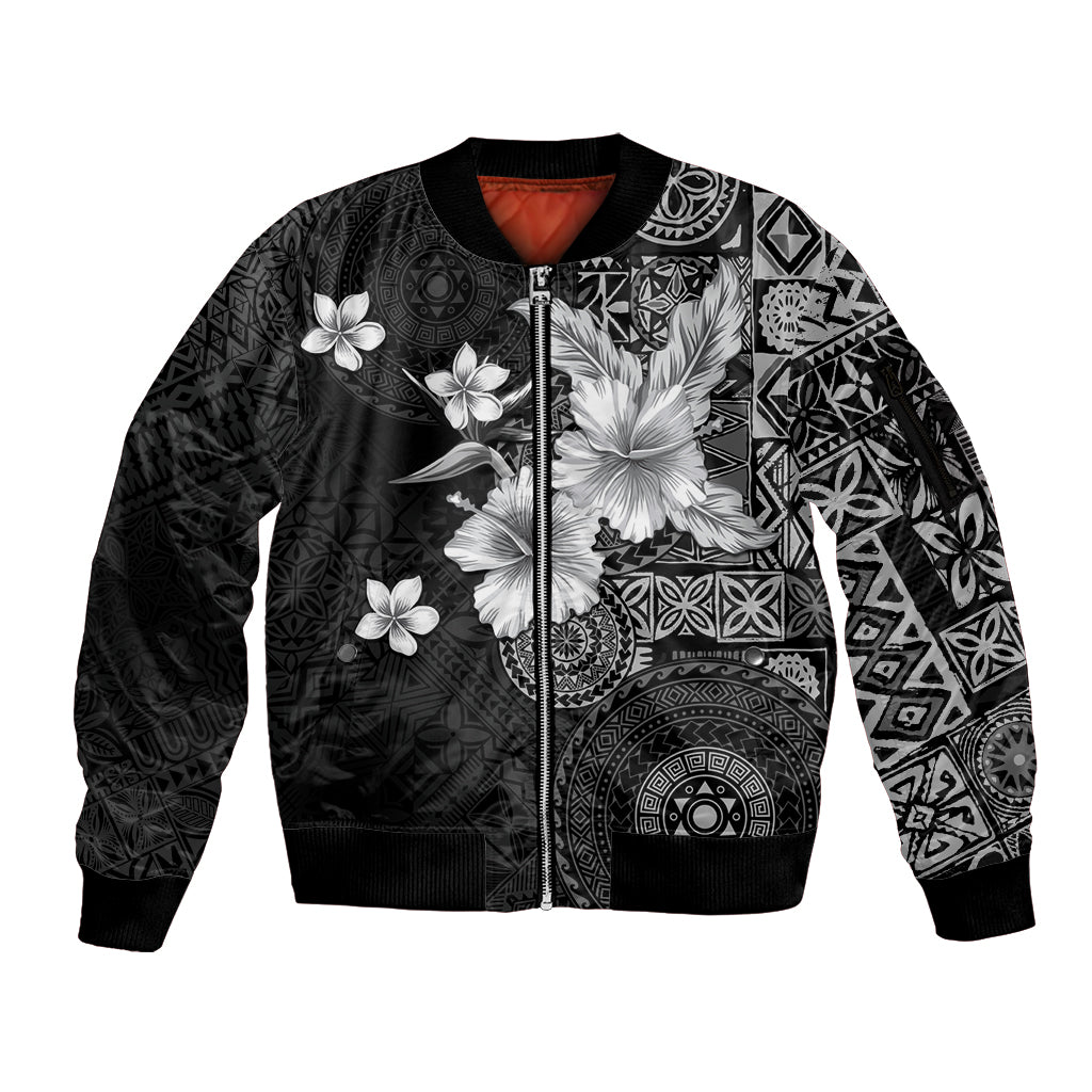 Hawaii Tapa Pattern With Black Hibiscus Sleeve Zip Bomber Jacket LT05 Unisex Black - Polynesian Pride