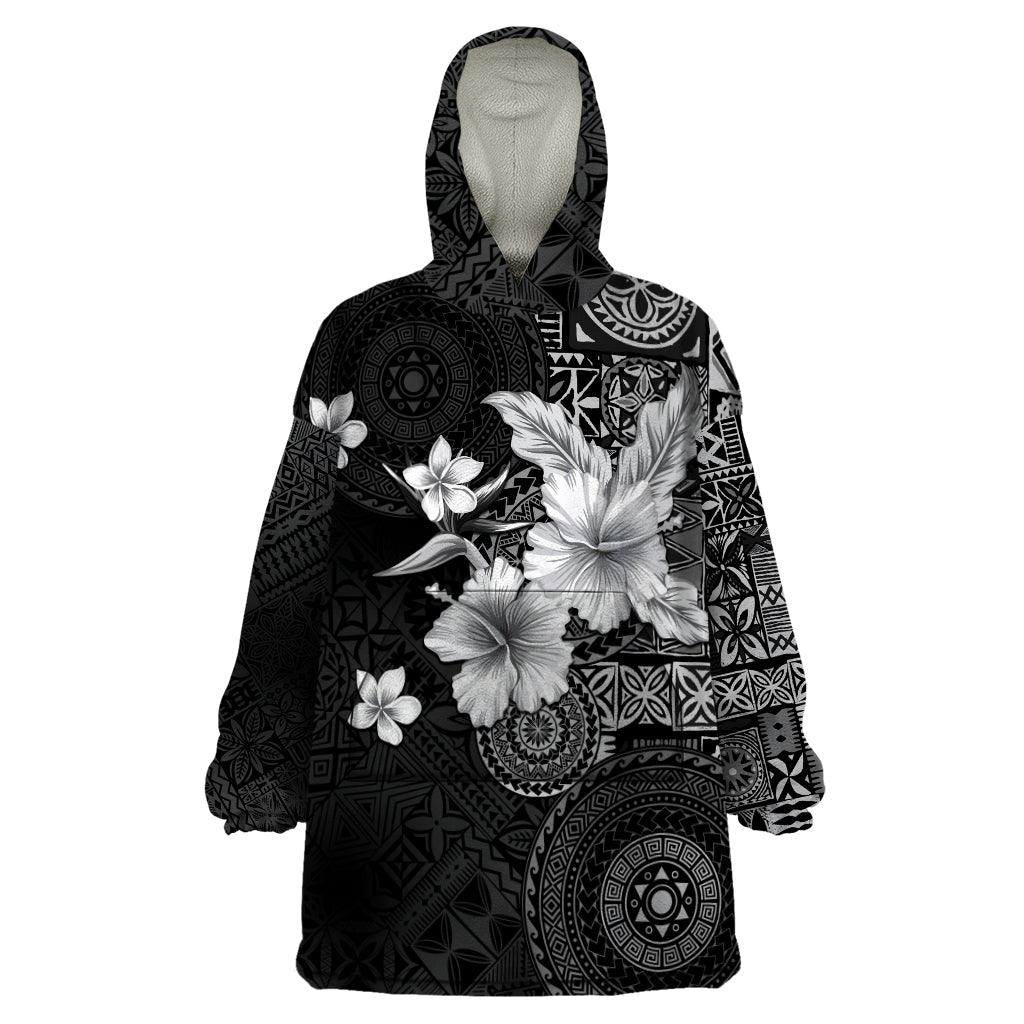 Hawaii Tapa Pattern With Black Hibiscus Wearable Blanket Hoodie LT05 One Size Black - Polynesian Pride
