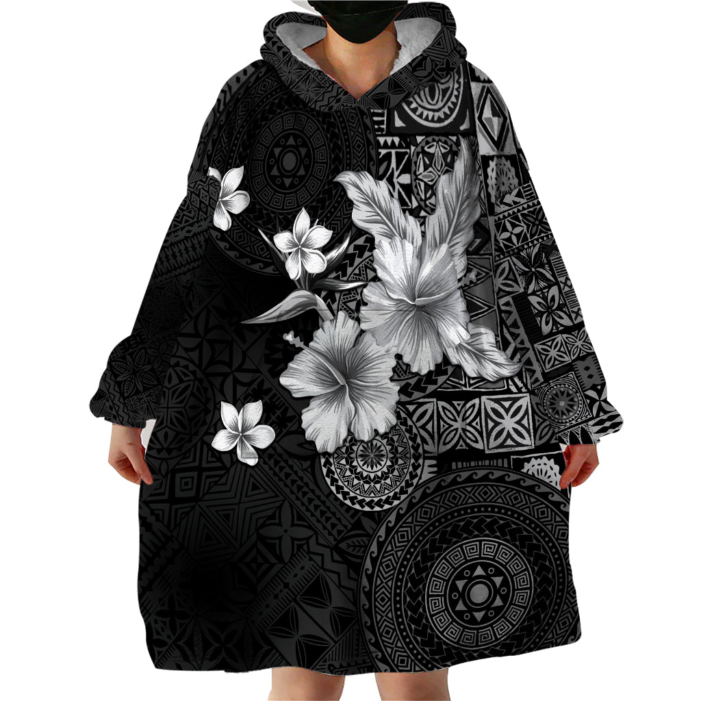 Hawaii Tapa Pattern With Black Hibiscus Wearable Blanket Hoodie