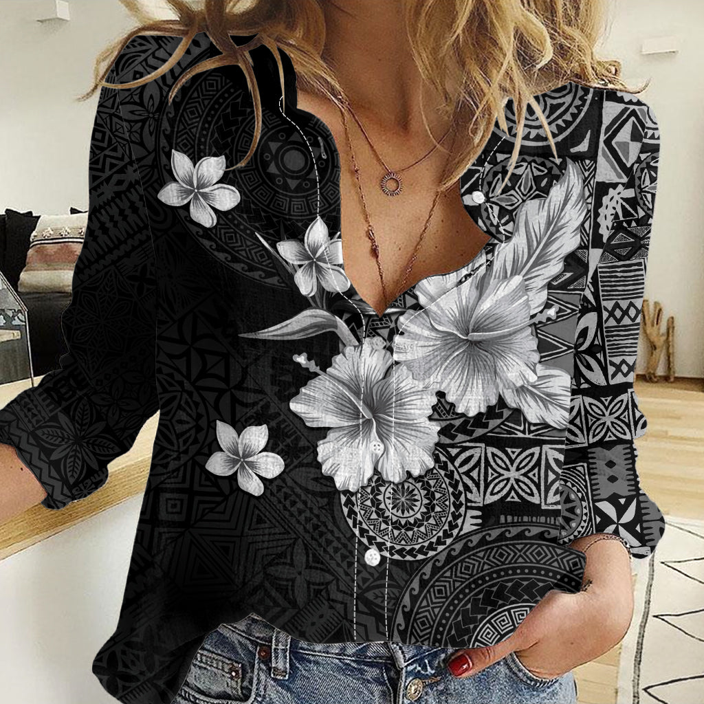 Hawaii Tapa Pattern With Black Hibiscus Women Casual Shirt