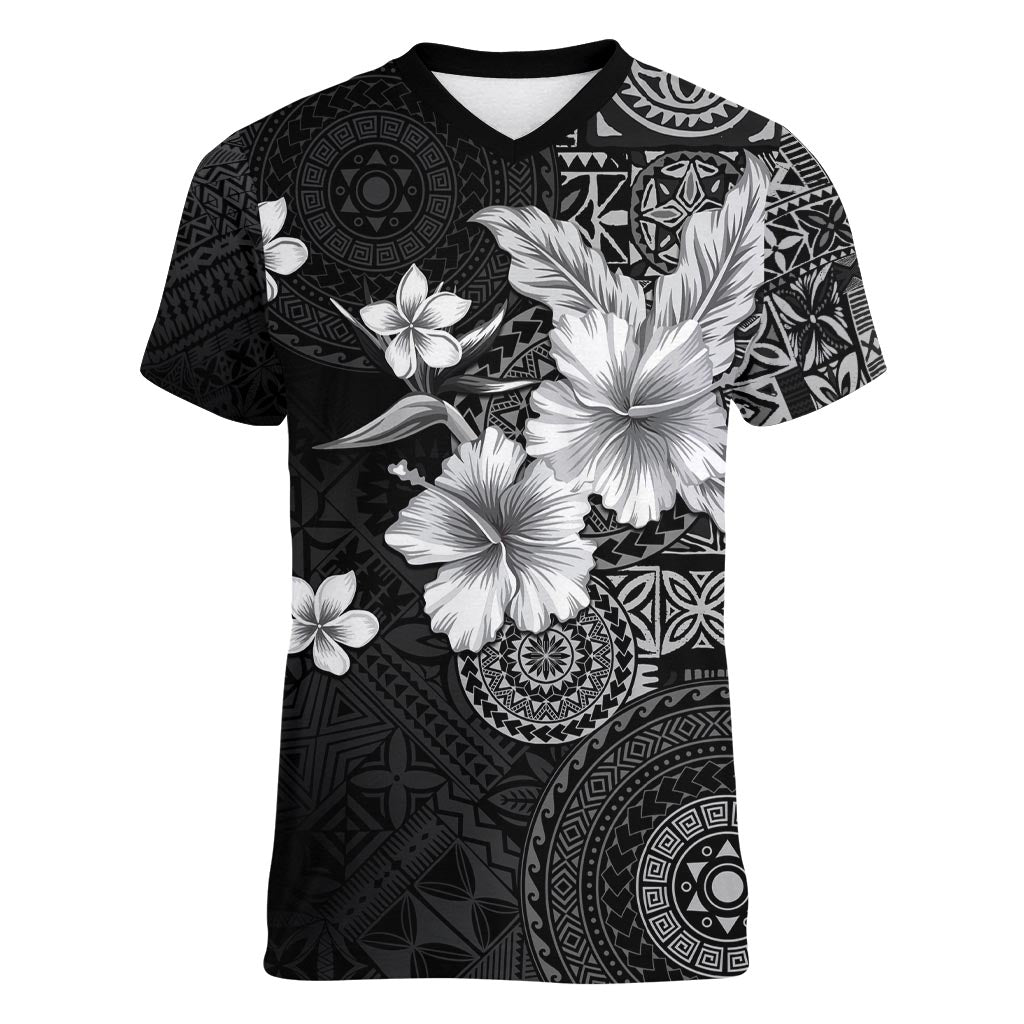 Hawaii Tapa Pattern With Black Hibiscus Women V-Neck T-Shirt LT05 Female Black - Polynesian Pride