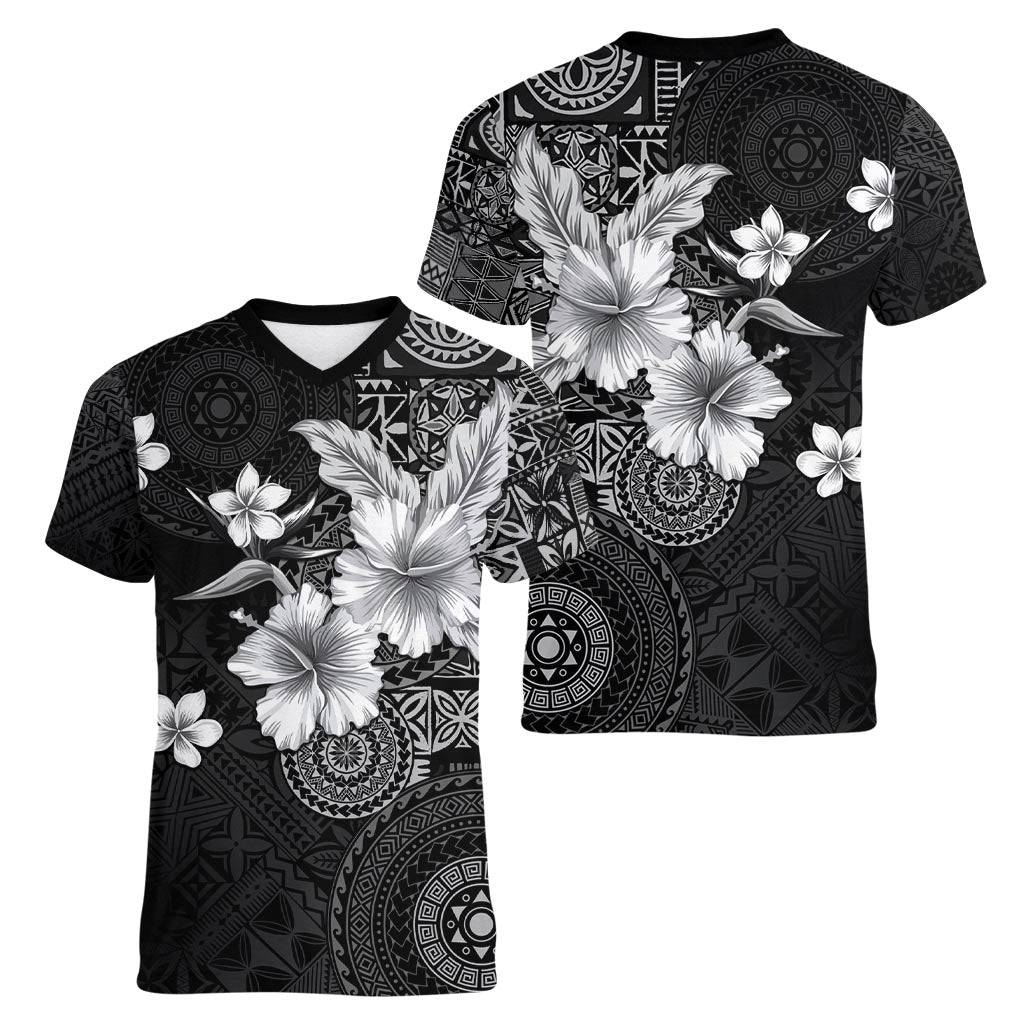 Hawaii Tapa Pattern With Black Hibiscus Women V-Neck T-Shirt