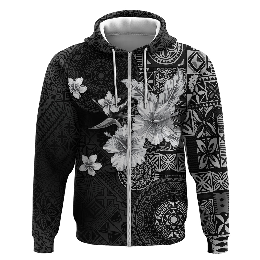 Hawaii Tapa Pattern With Black Hibiscus Zip Hoodie