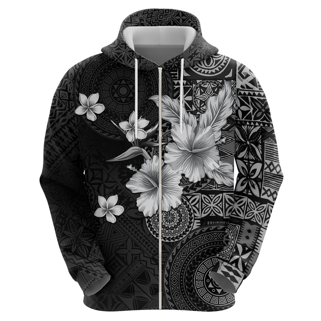 Hawaii Tapa Pattern With Black Hibiscus Zip Hoodie