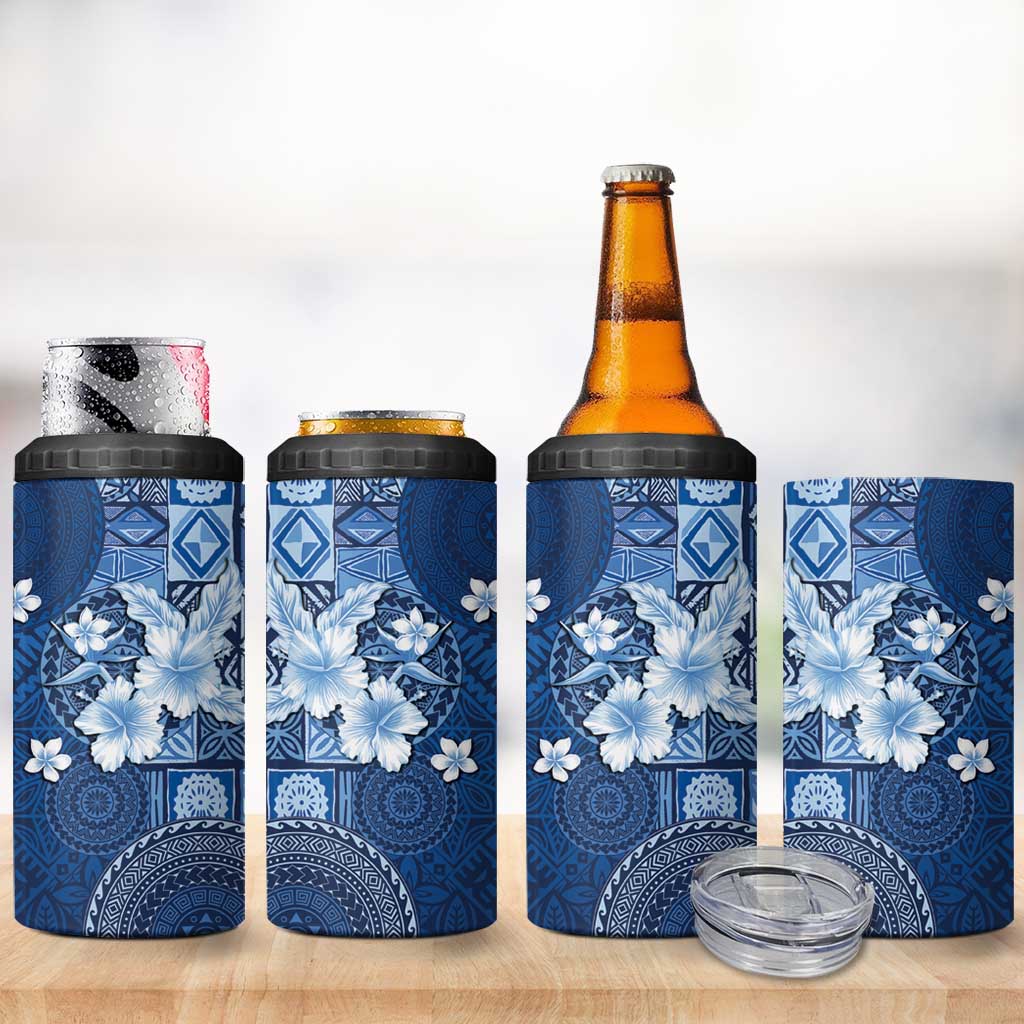 Hawaii Tapa Pattern With Navy Hibiscus 4 in 1 Can Cooler Tumbler