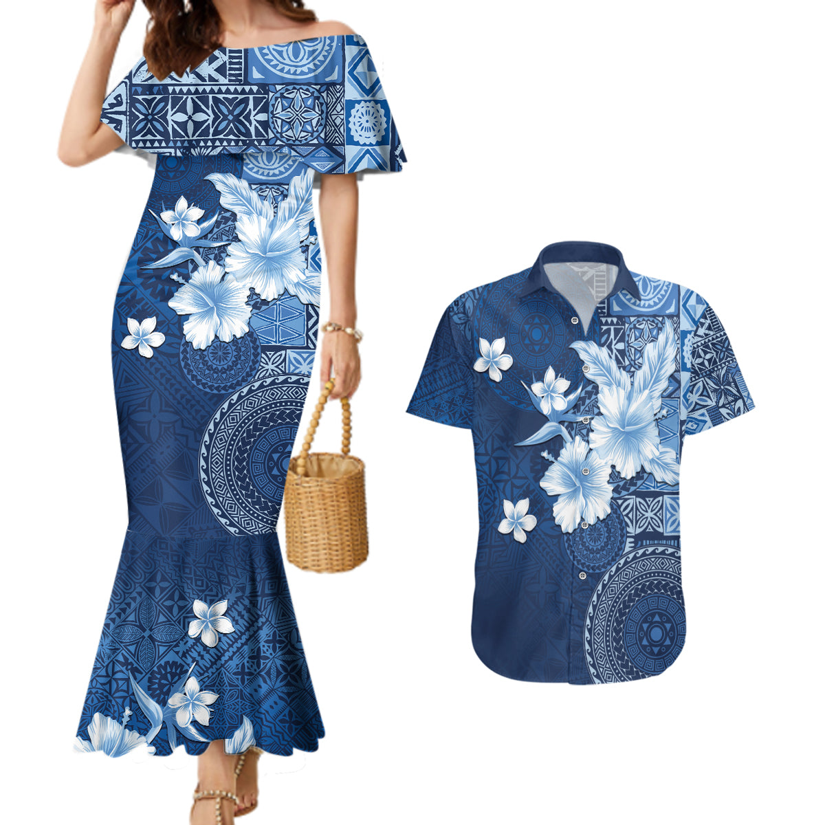 Hawaii Tapa Pattern With Navy Hibiscus Couples Matching Mermaid Dress and Hawaiian Shirt LT05 Navy - Polynesian Pride