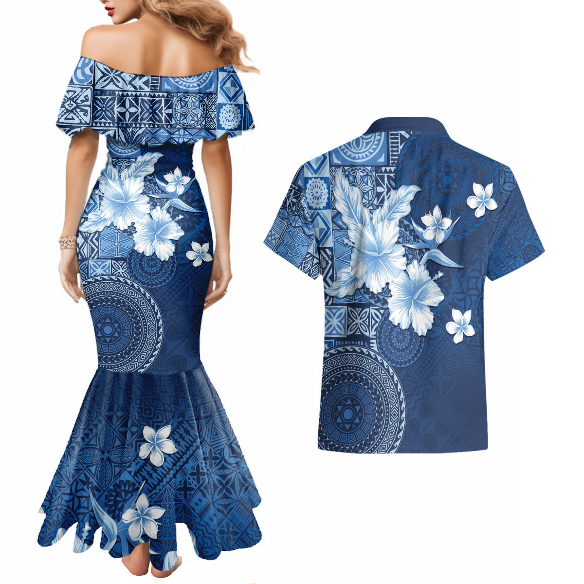 Hawaii Tapa Pattern With Navy Hibiscus Couples Matching Mermaid Dress and Hawaiian Shirt LT05 - Polynesian Pride