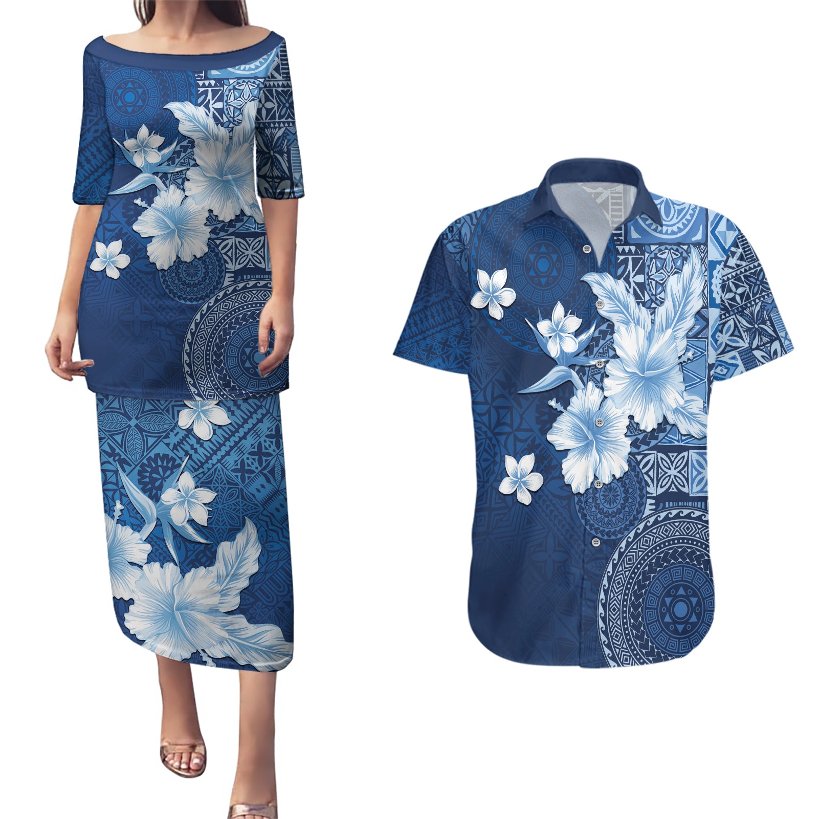 Hawaii Tapa Pattern With Navy Hibiscus Couples Matching Puletasi and Hawaiian Shirt