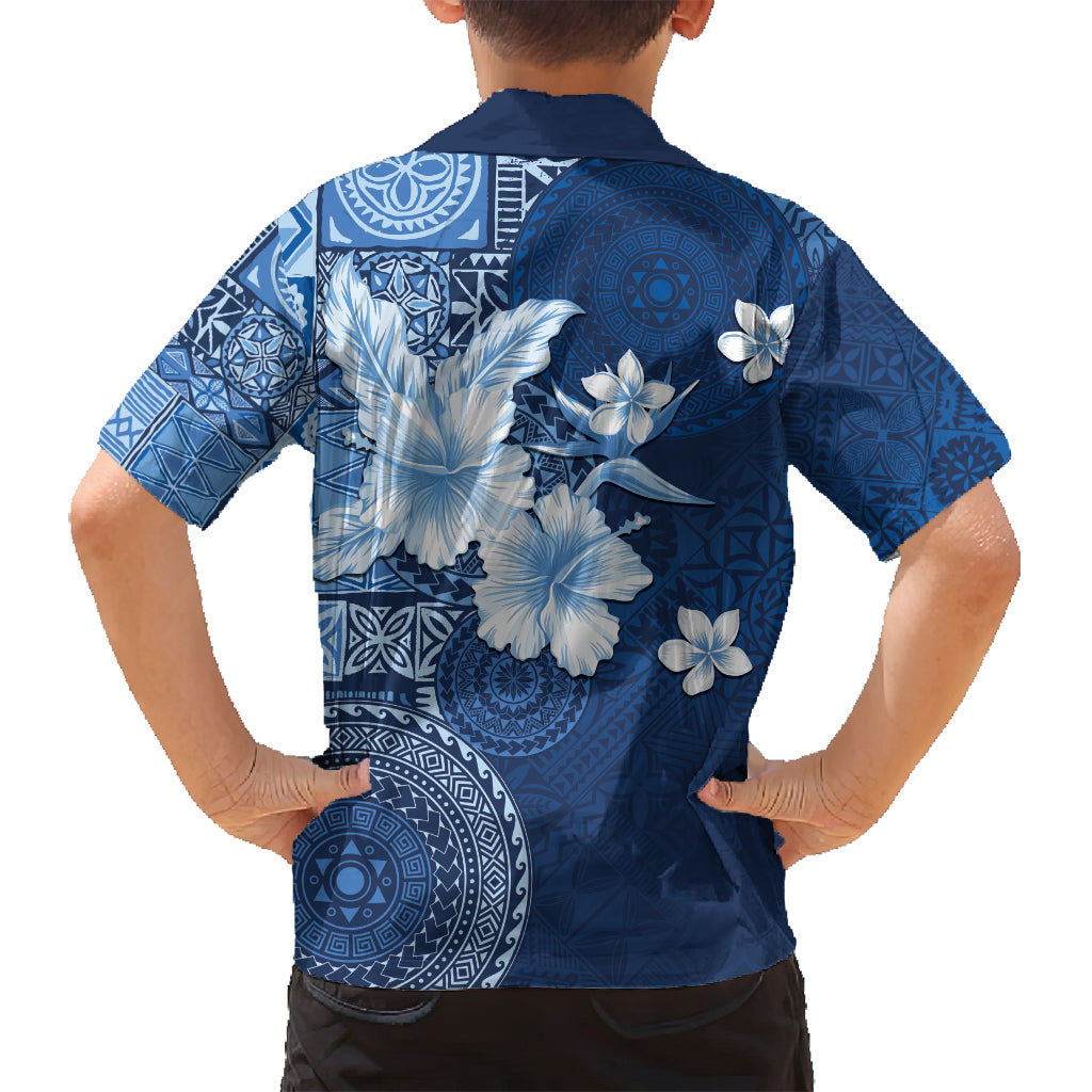 Hawaii Tapa Pattern With Navy Hibiscus Family Matching Long Sleeve Bodycon Dress and Hawaiian Shirt LT05 - Polynesian Pride