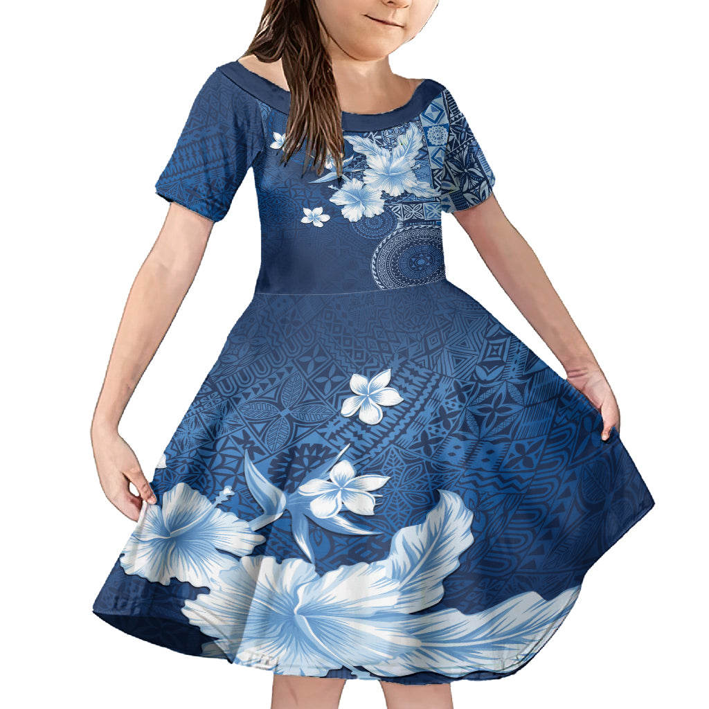 Hawaii Tapa Pattern With Navy Hibiscus Family Matching Long Sleeve Bodycon Dress and Hawaiian Shirt LT05 Daughter's Dress Navy - Polynesian Pride