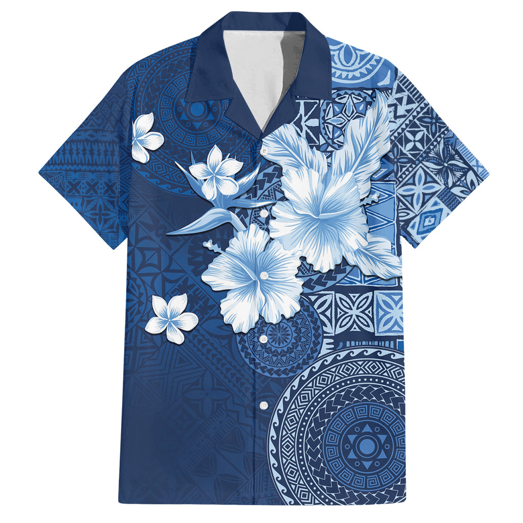 Hawaii Tapa Pattern With Navy Hibiscus Family Matching Long Sleeve Bodycon Dress and Hawaiian Shirt LT05 Dad's Shirt - Short Sleeve Navy - Polynesian Pride