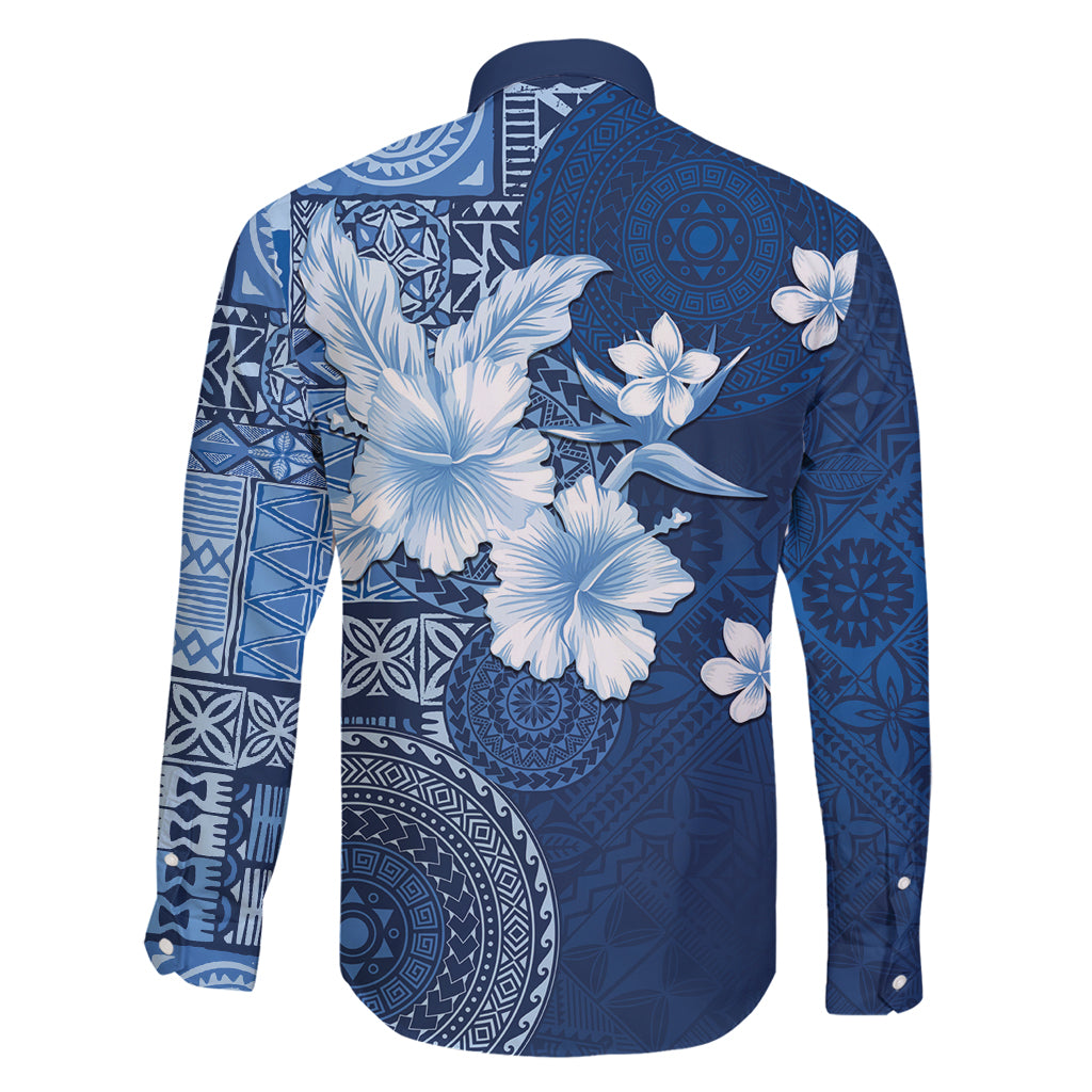Hawaii Tapa Pattern With Navy Hibiscus Family Matching Long Sleeve Bodycon Dress and Hawaiian Shirt LT05 - Polynesian Pride