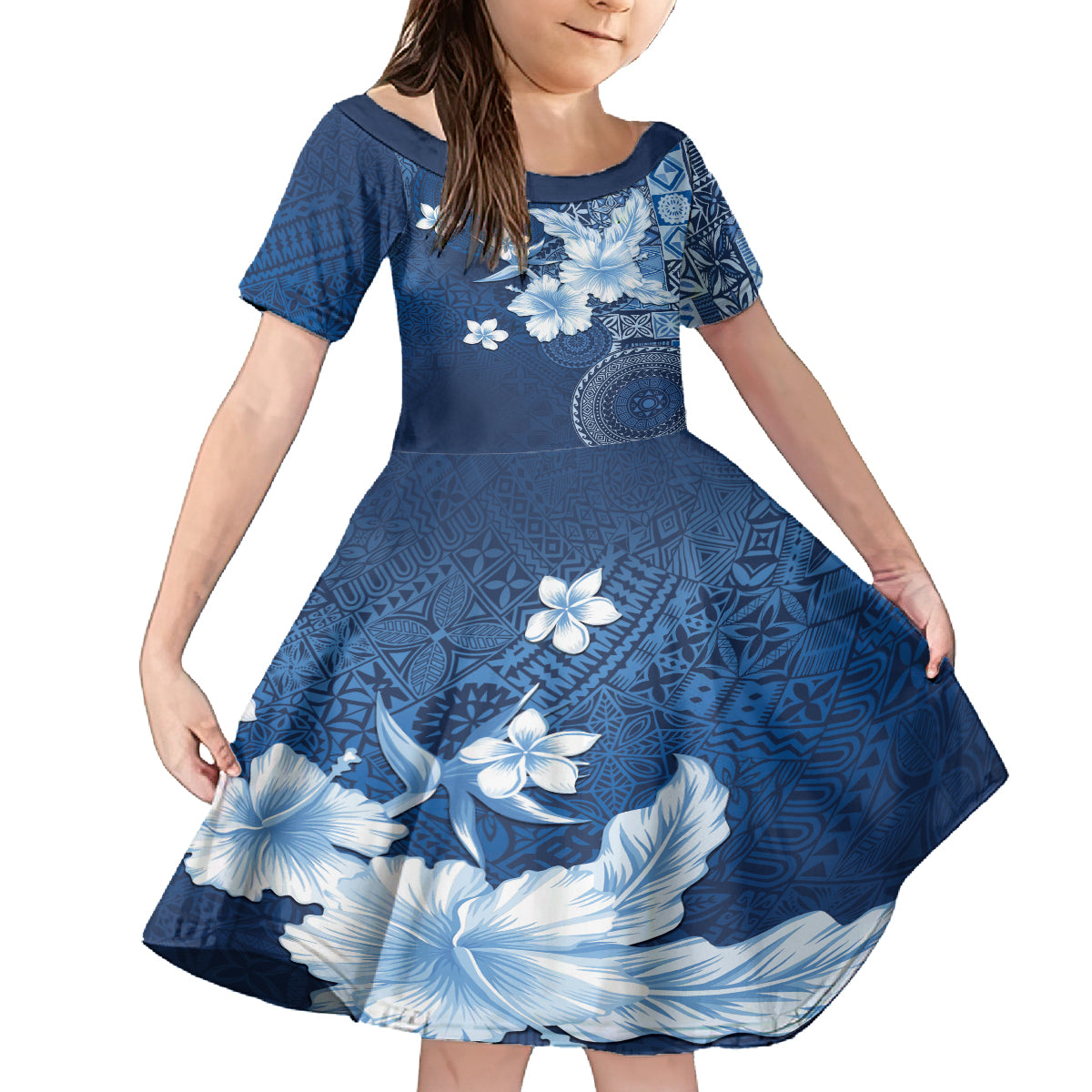 Hawaii Tapa Pattern With Navy Hibiscus Family Matching Off The Shoulder Long Sleeve Dress and Hawaiian Shirt LT05 Daughter's Dress Navy - Polynesian Pride
