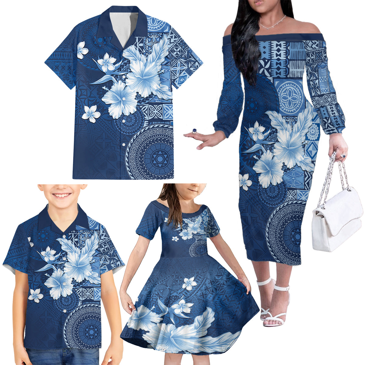 Hawaii Tapa Pattern With Navy Hibiscus Family Matching Off The Shoulder Long Sleeve Dress and Hawaiian Shirt LT05 - Polynesian Pride