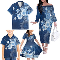 Hawaii Tapa Pattern With Navy Hibiscus Family Matching Off The Shoulder Long Sleeve Dress and Hawaiian Shirt LT05 - Polynesian Pride