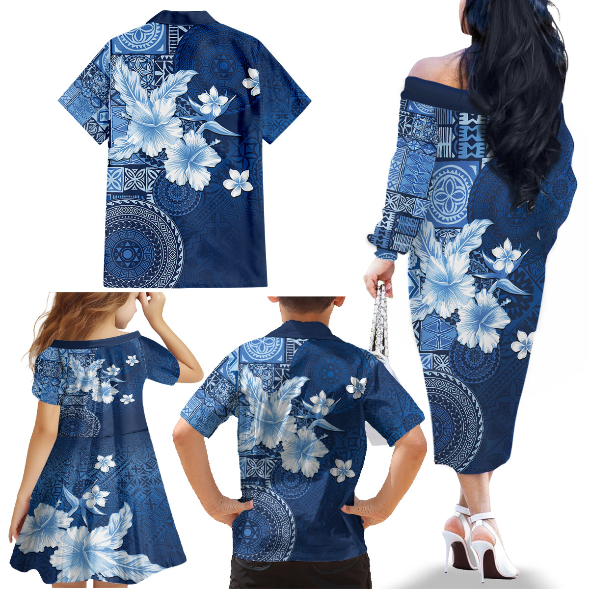 Hawaii Tapa Pattern With Navy Hibiscus Family Matching Off The Shoulder Long Sleeve Dress and Hawaiian Shirt LT05 - Polynesian Pride