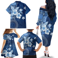 Hawaii Tapa Pattern With Navy Hibiscus Family Matching Off The Shoulder Long Sleeve Dress and Hawaiian Shirt LT05 - Polynesian Pride