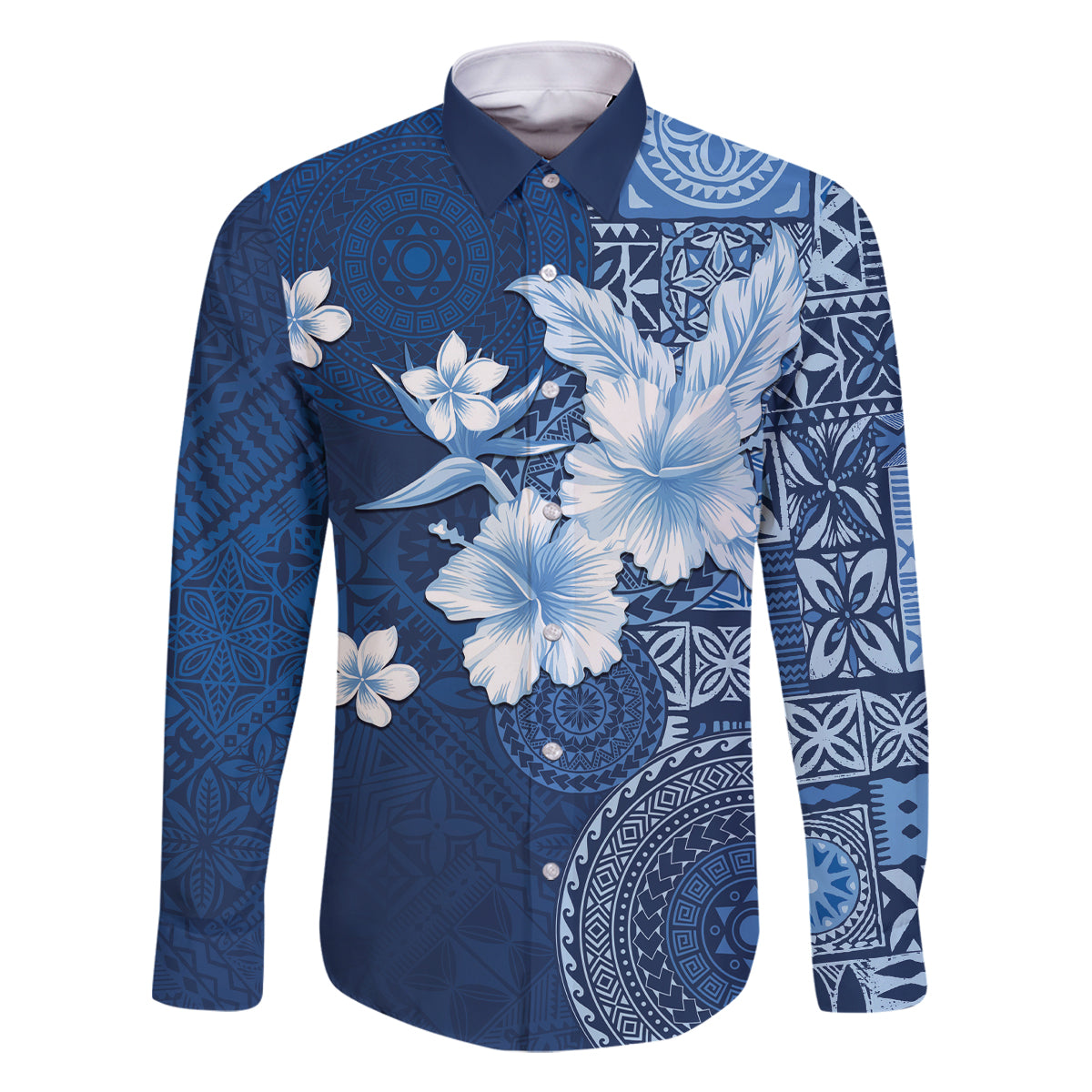 Hawaii Tapa Pattern With Navy Hibiscus Family Matching Off The Shoulder Long Sleeve Dress and Hawaiian Shirt LT05 Dad's Shirt - Long Sleeve Navy - Polynesian Pride
