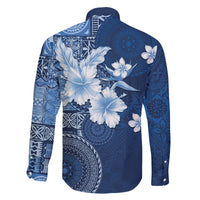 Hawaii Tapa Pattern With Navy Hibiscus Family Matching Off The Shoulder Long Sleeve Dress and Hawaiian Shirt LT05 - Polynesian Pride