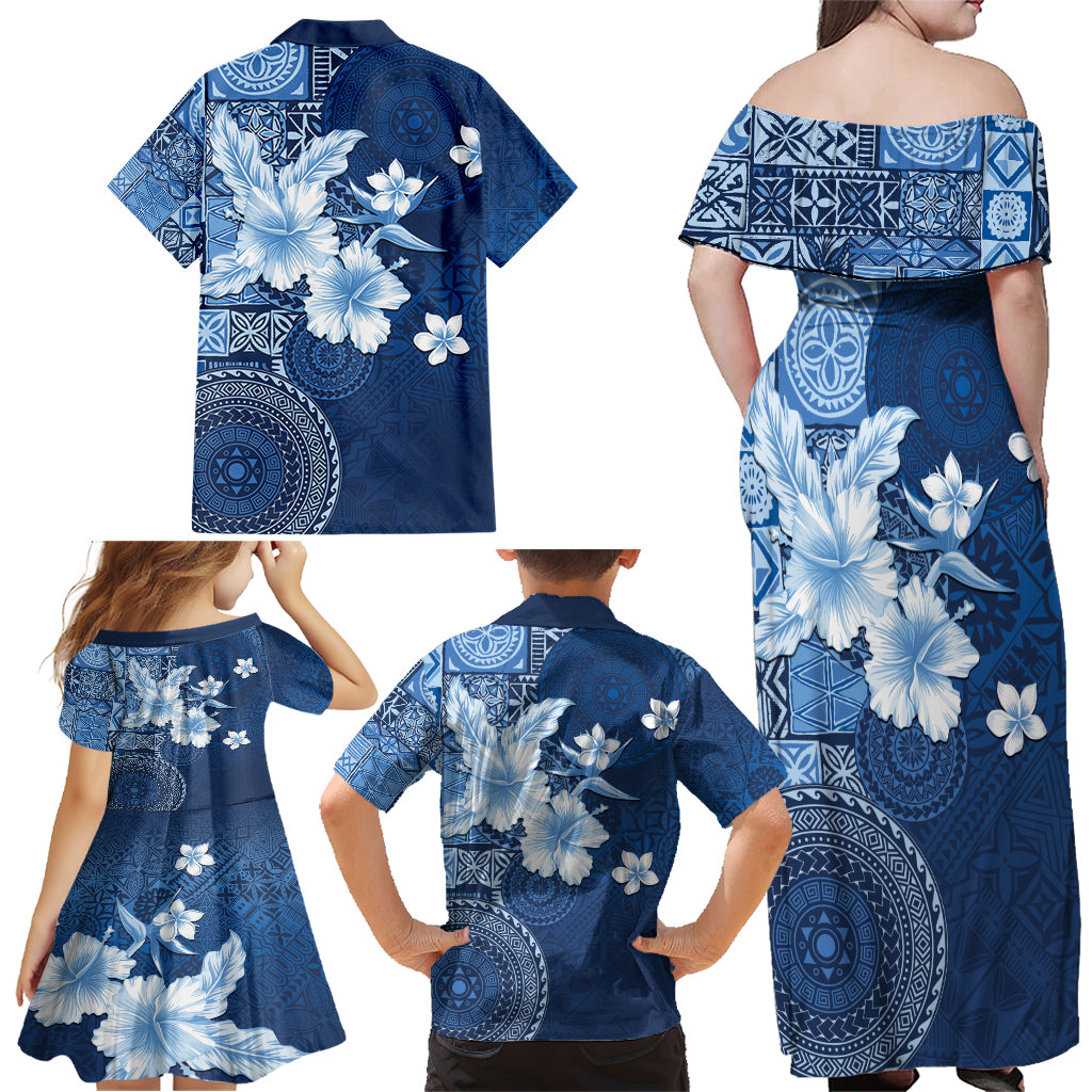 Hawaii Tapa Pattern With Navy Hibiscus Family Matching Off Shoulder Maxi Dress and Hawaiian Shirt