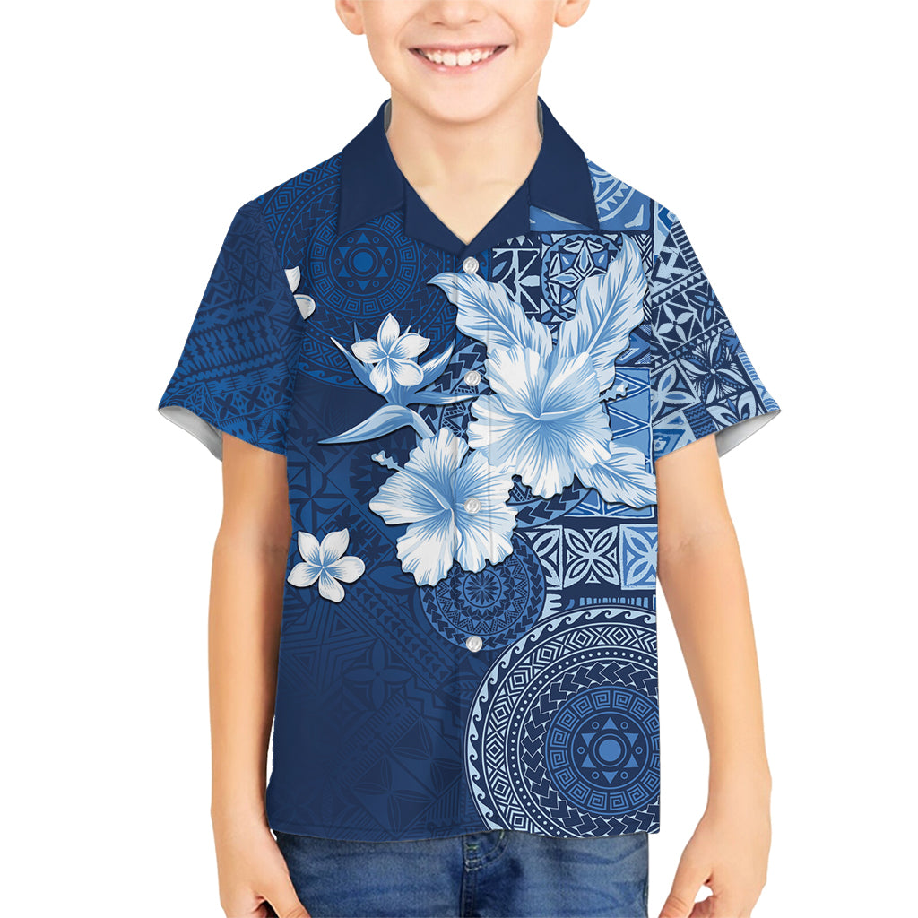 Hawaii Tapa Pattern With Navy Hibiscus Family Matching Off Shoulder Short Dress and Hawaiian Shirt