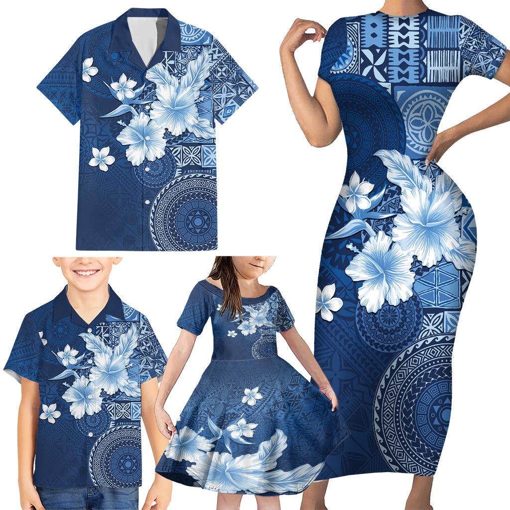 Hawaii Tapa Pattern With Navy Hibiscus Family Matching Short Sleeve Bodycon Dress and Hawaiian Shirt LT05 - Polynesian Pride