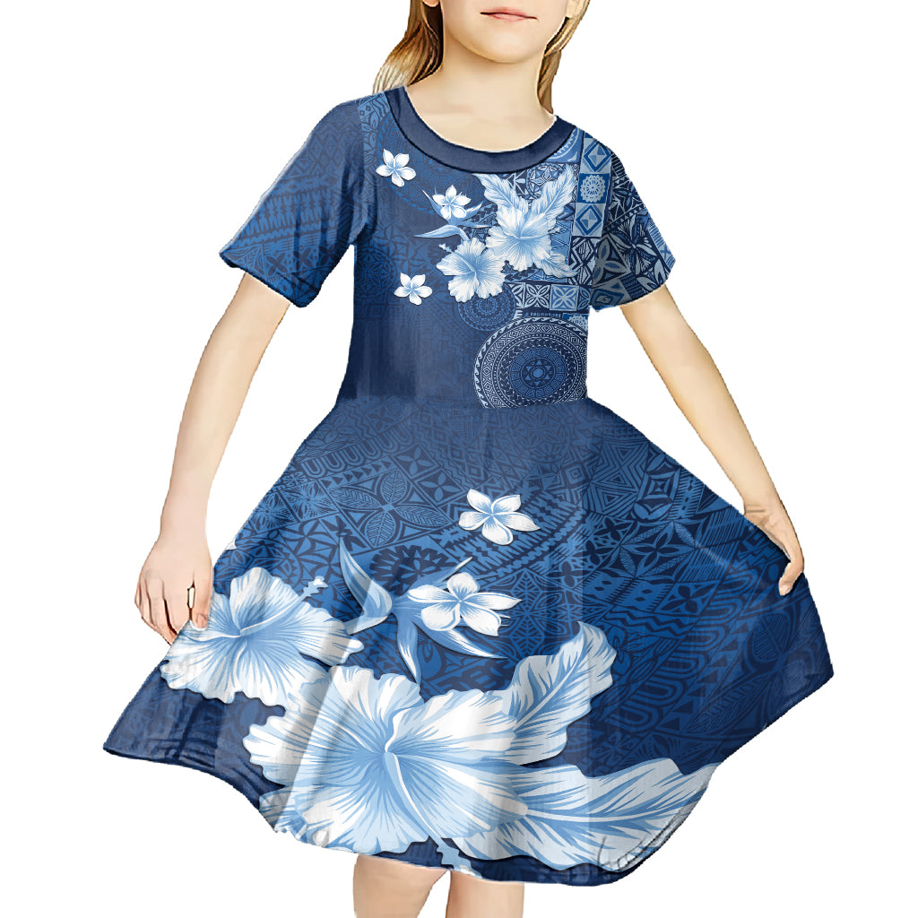 Hawaii Tapa Pattern With Navy Hibiscus Kid Short Sleeve Dress
