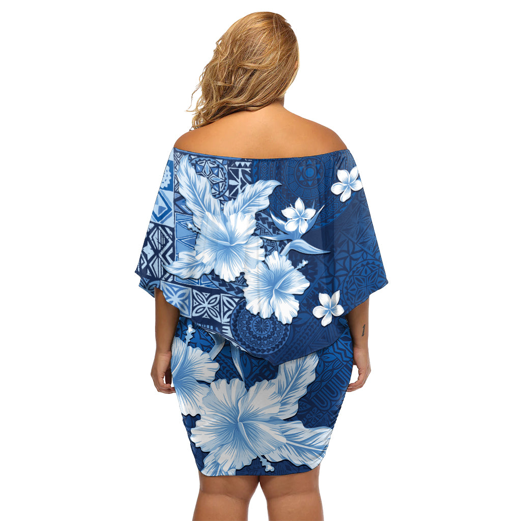Hawaii Tapa Pattern With Navy Hibiscus Off Shoulder Short Dress
