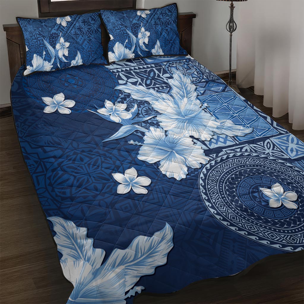 Hawaii Tapa Pattern With Navy Hibiscus Quilt Bed Set LT05 Navy - Polynesian Pride