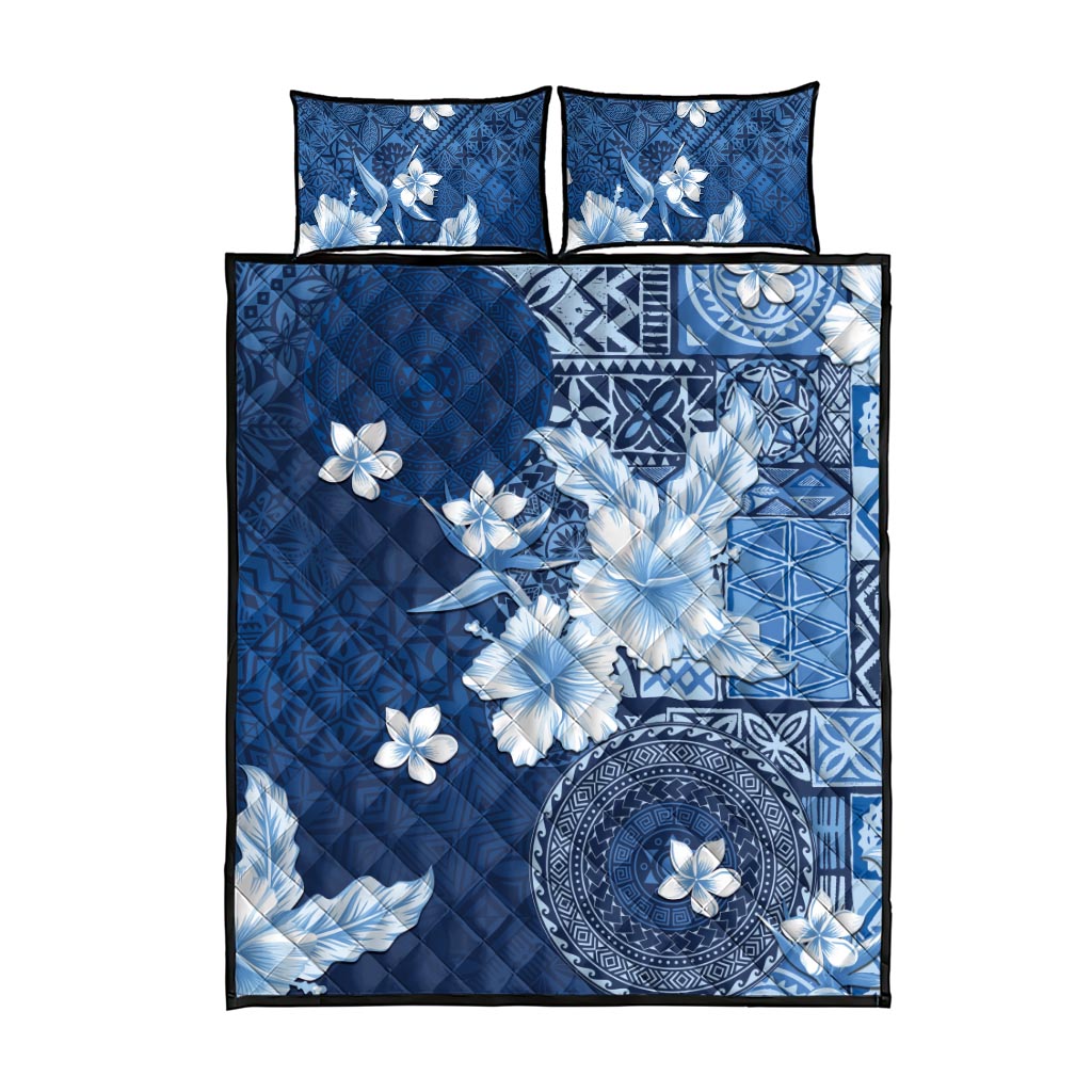 Hawaii Tapa Pattern With Navy Hibiscus Quilt Bed Set LT05 - Polynesian Pride