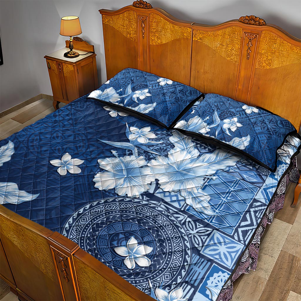 Hawaii Tapa Pattern With Navy Hibiscus Quilt Bed Set LT05 - Polynesian Pride