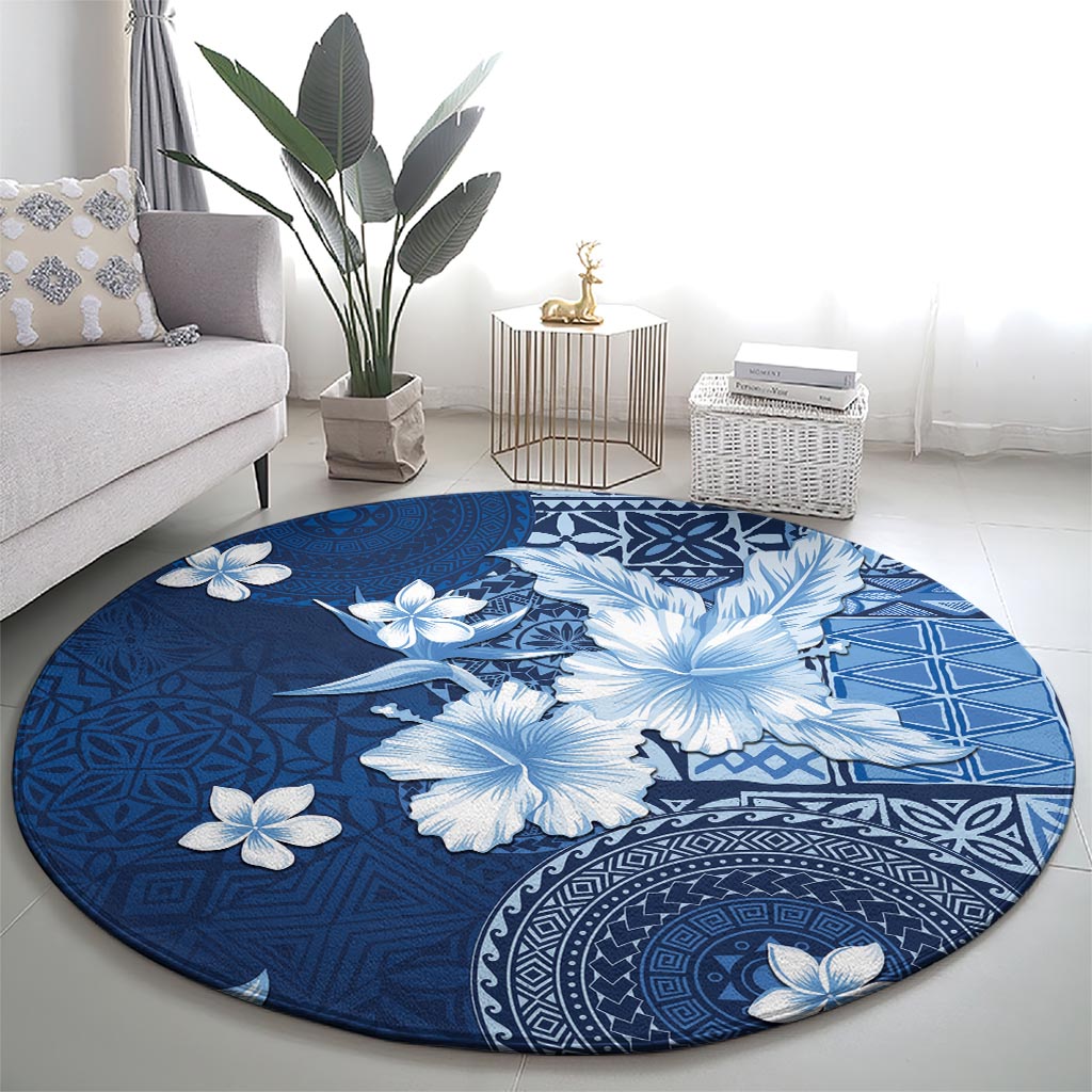 Hawaii Tapa Pattern With Navy Hibiscus Round Carpet LT05 - Polynesian Pride