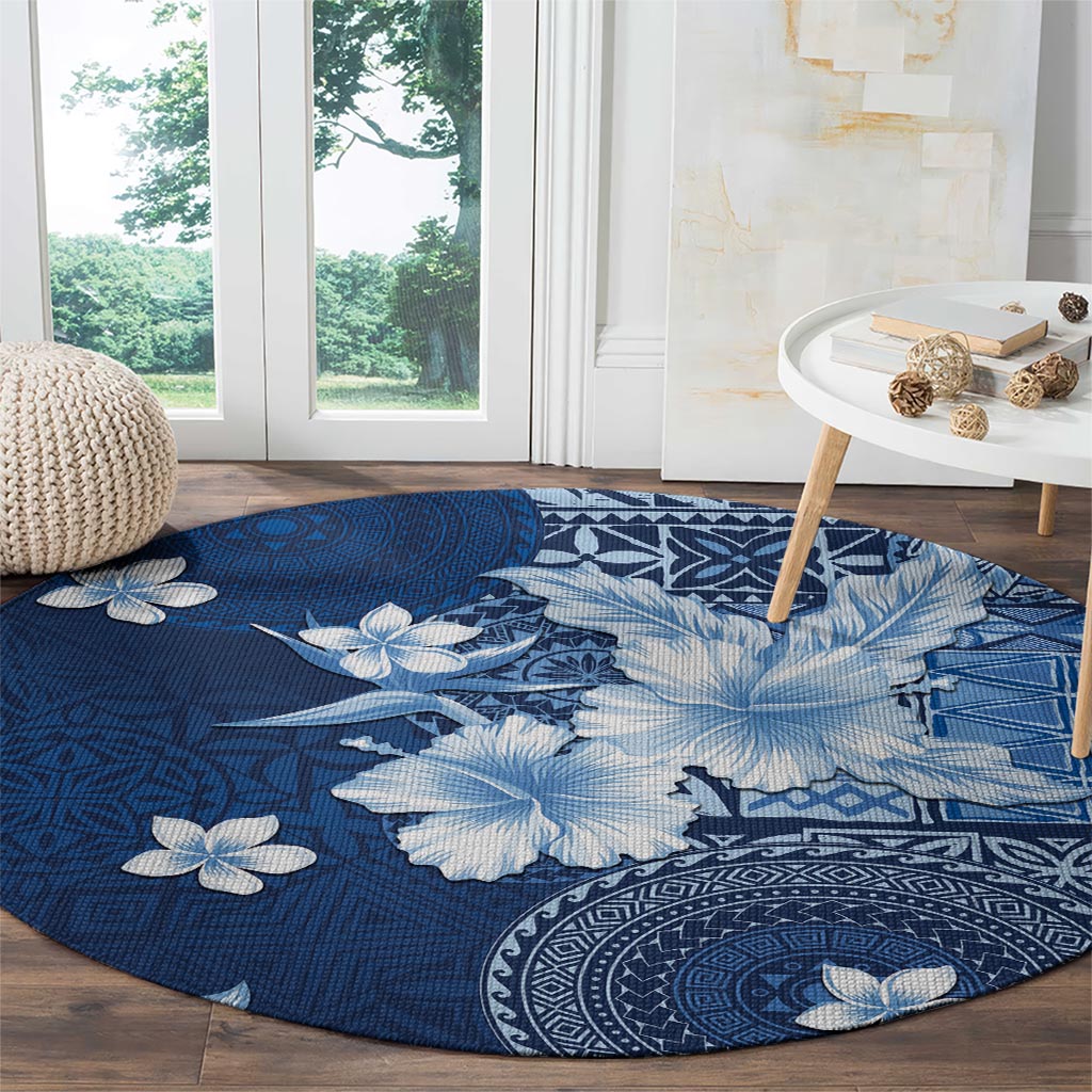 Hawaii Tapa Pattern With Navy Hibiscus Round Carpet LT05 - Polynesian Pride
