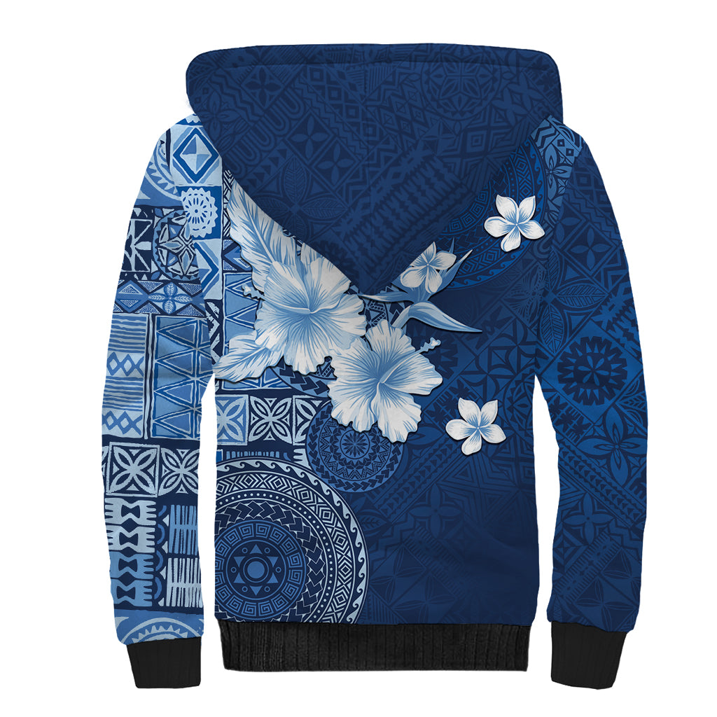 Hawaii Tapa Pattern With Navy Hibiscus Sherpa Hoodie