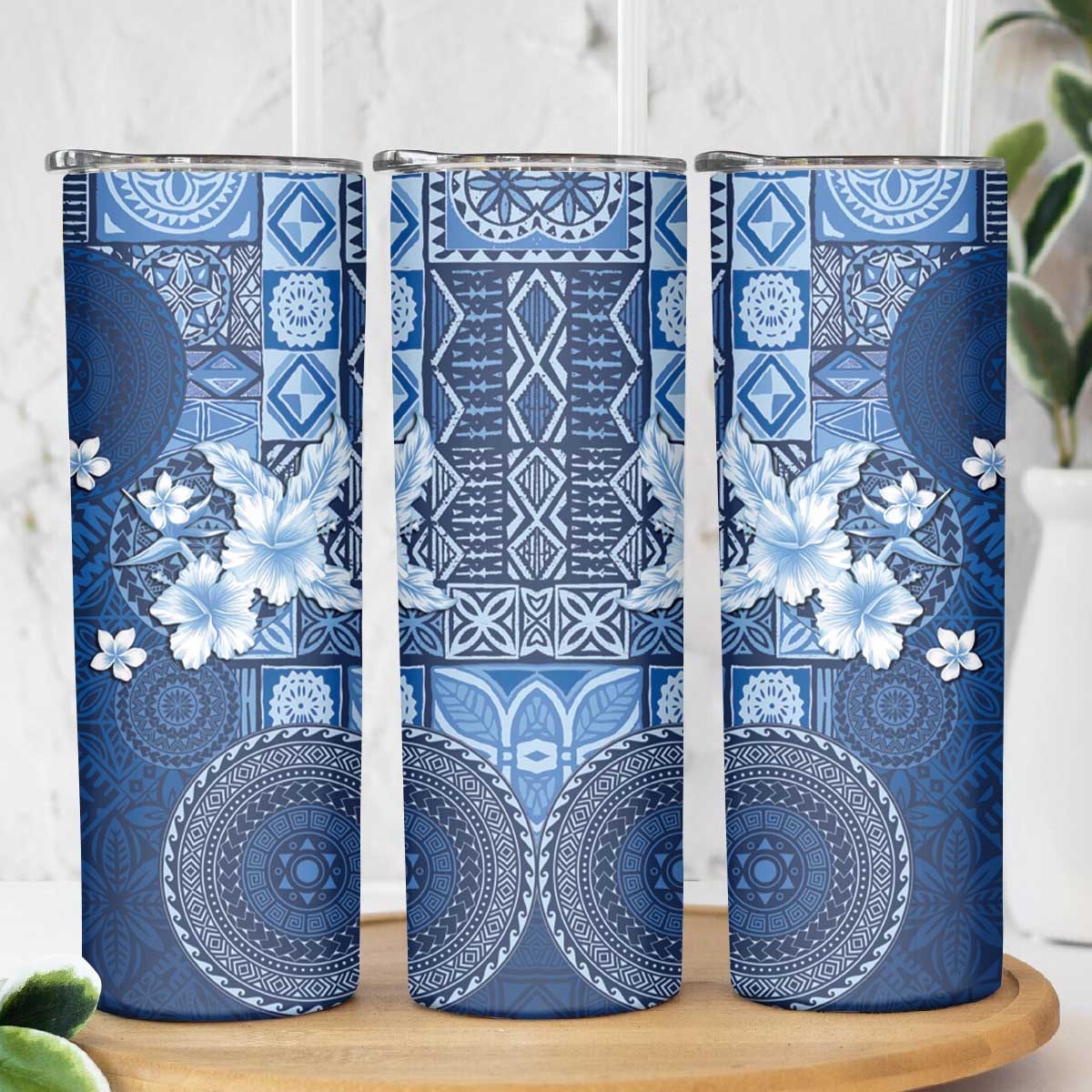Hawaii Tapa Pattern With Navy Hibiscus Skinny Tumbler