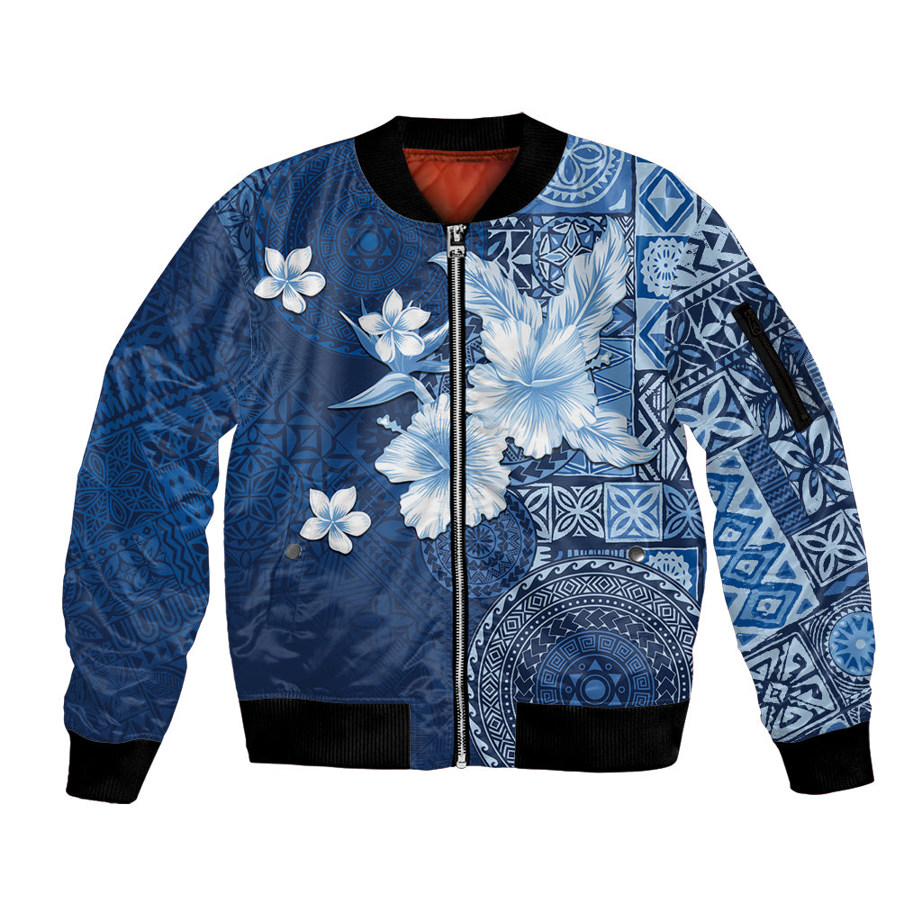 Hawaii Tapa Pattern With Navy Hibiscus Sleeve Zip Bomber Jacket