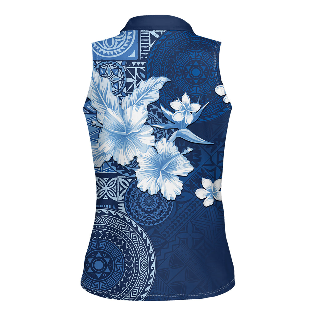 Hawaii Tapa Pattern With Navy Hibiscus Women Sleeveless Polo Shirt