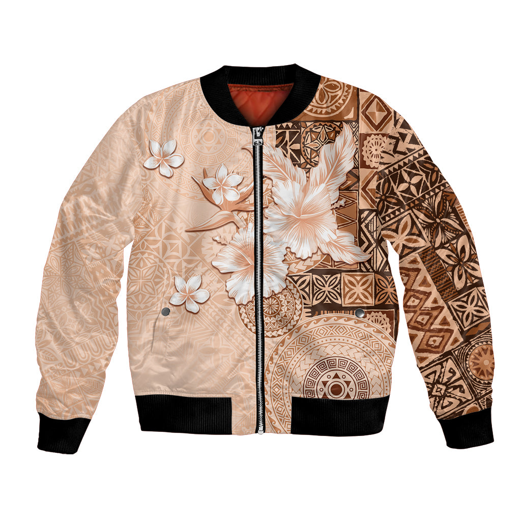 Hawaii Tapa Pattern With Brown Hibiscus Bomber Jacket LT05 Unisex Brown - Polynesian Pride