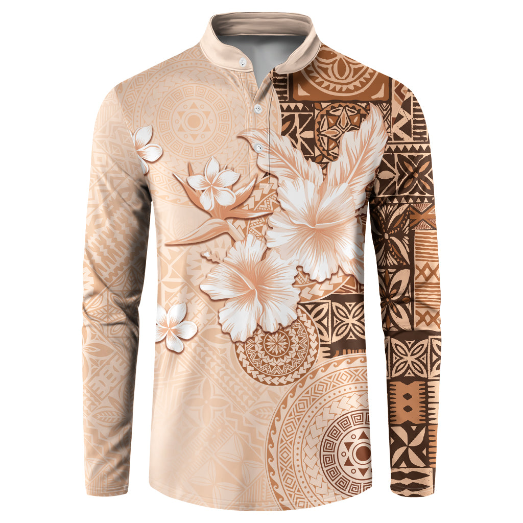 Hawaii Tapa Pattern With Brown Hibiscus Button Sweatshirt LT05 Brown - Polynesian Pride