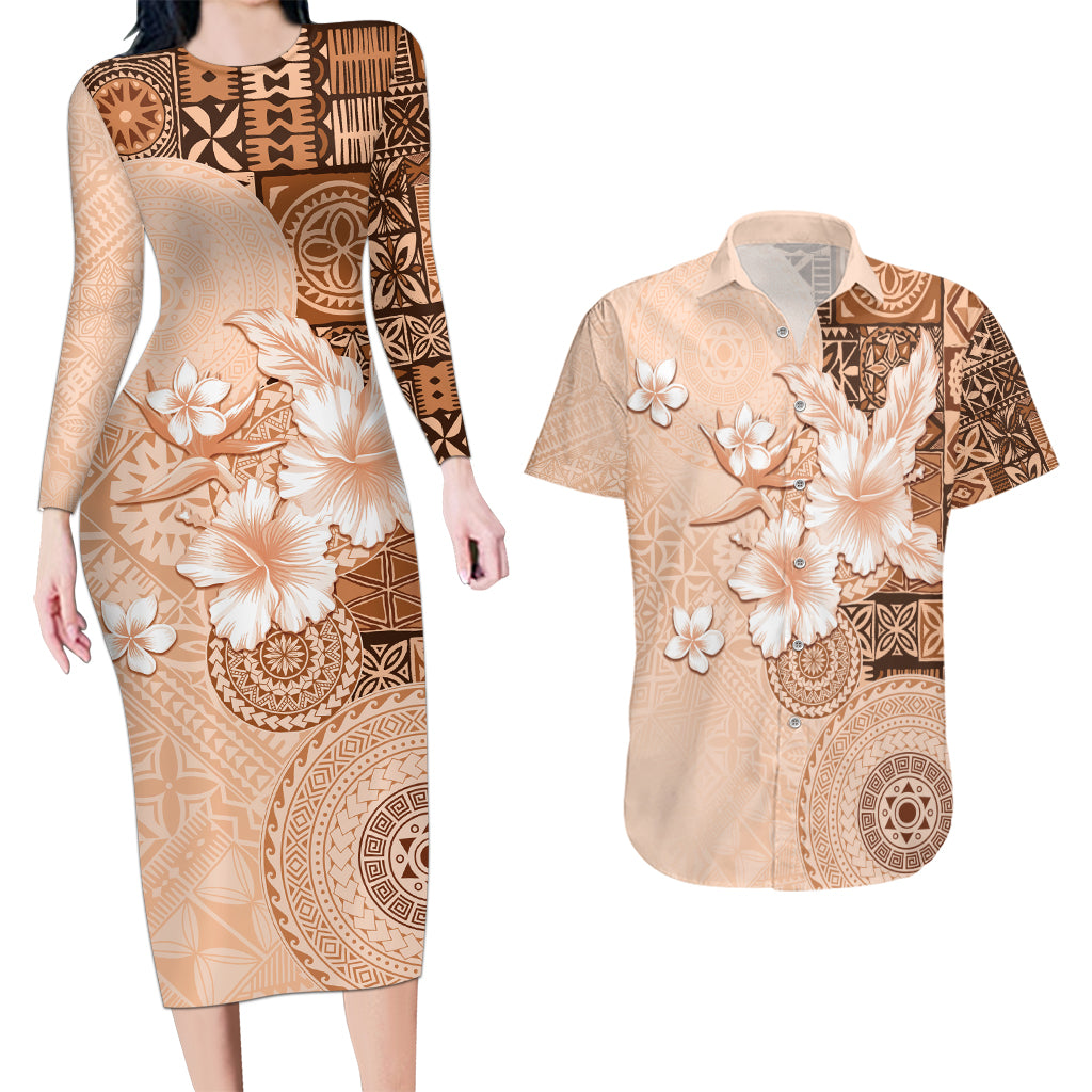 Hawaii Tapa Pattern With Brown Hibiscus Couples Matching Long Sleeve Bodycon Dress and Hawaiian Shirt LT05 Brown - Polynesian Pride