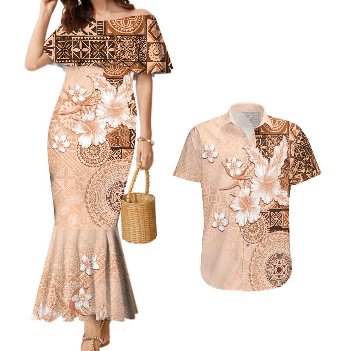 Hawaii Tapa Pattern With Brown Hibiscus Couples Matching Mermaid Dress and Hawaiian Shirt LT05 Brown - Polynesian Pride