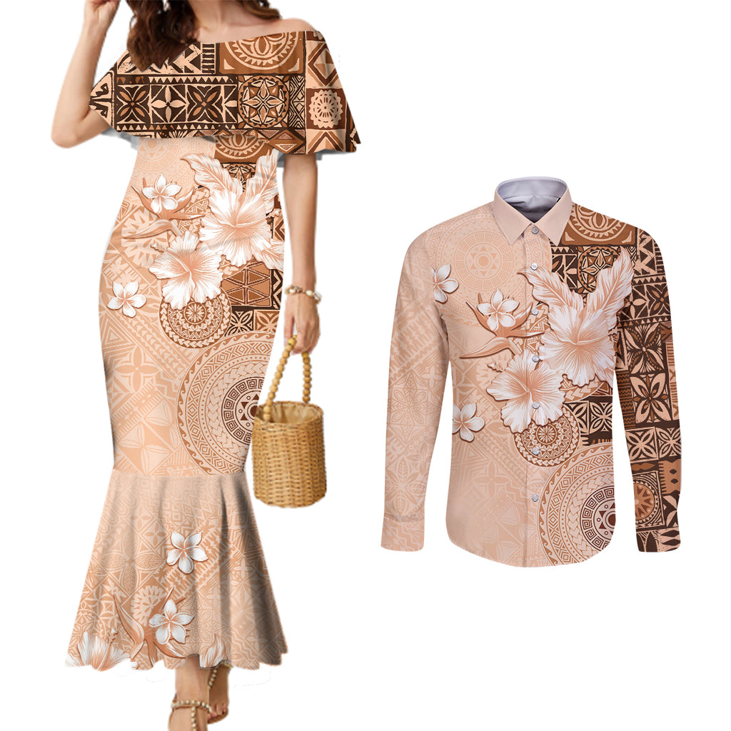 Hawaii Tapa Pattern With Brown Hibiscus Couples Matching Mermaid Dress and Long Sleeve Button Shirt LT05 Brown - Polynesian Pride