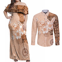 Hawaii Tapa Pattern With Brown Hibiscus Couples Matching Off Shoulder Maxi Dress and Long Sleeve Button Shirt