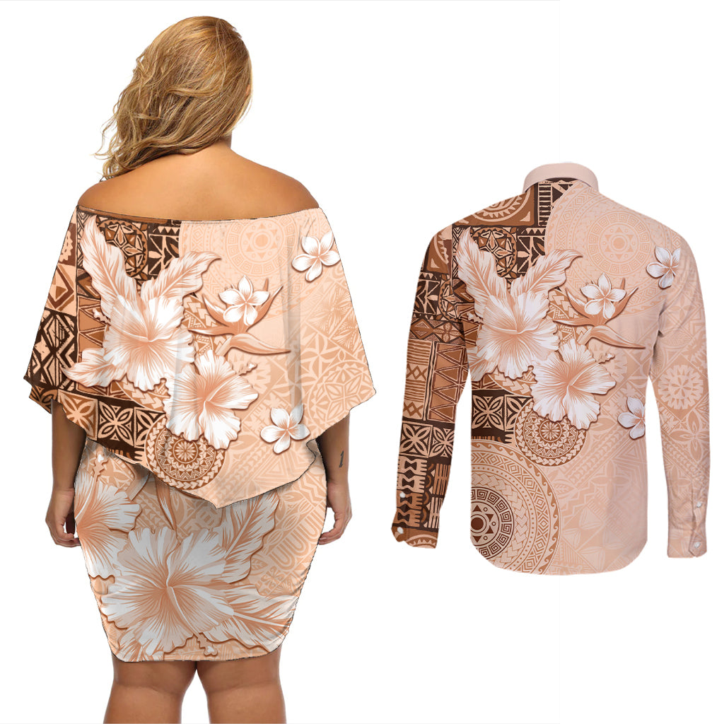 Hawaii Tapa Pattern With Brown Hibiscus Couples Matching Off Shoulder Short Dress and Long Sleeve Button Shirt