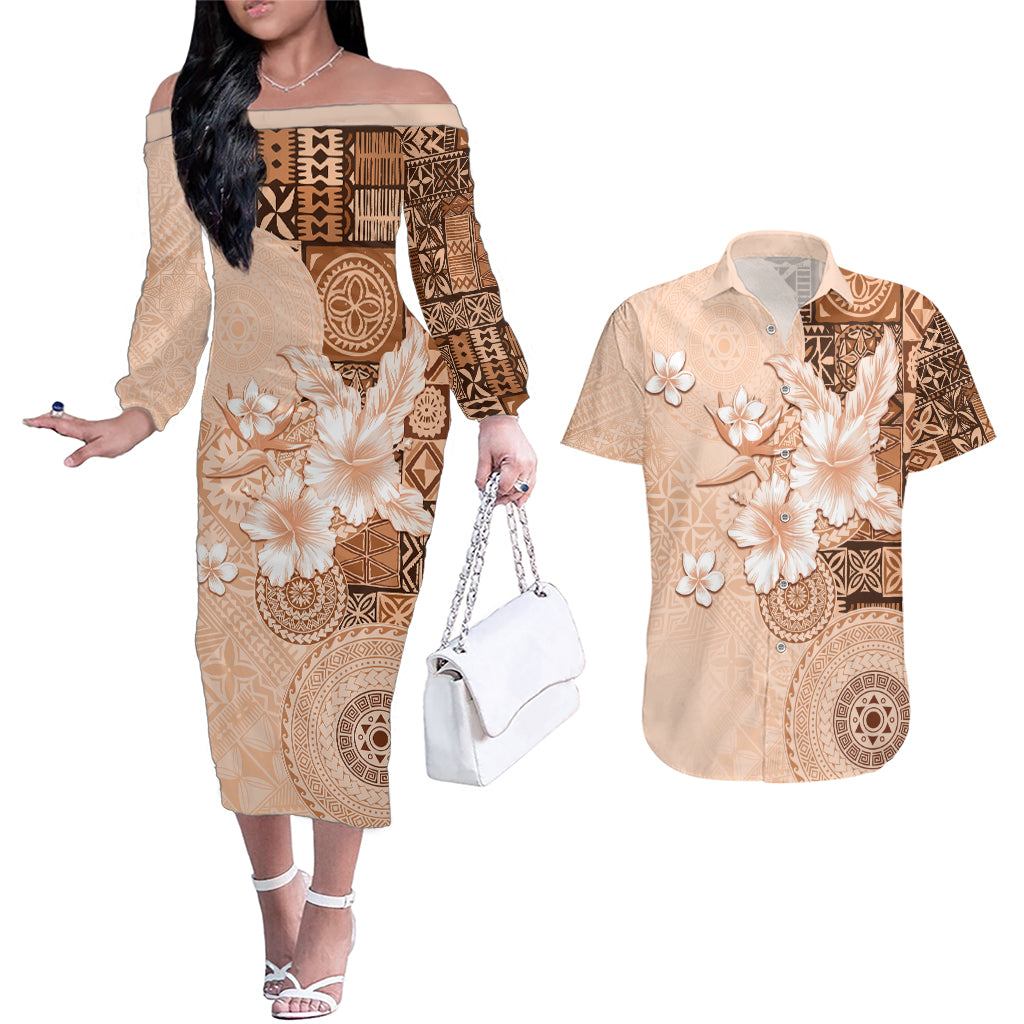 Hawaii Tapa Pattern With Brown Hibiscus Couples Matching Off The Shoulder Long Sleeve Dress and Hawaiian Shirt LT05 Brown - Polynesian Pride