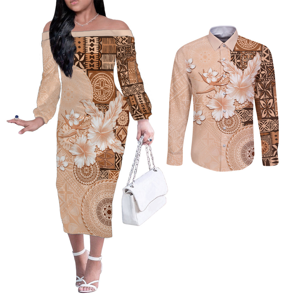 Hawaii Tapa Pattern With Brown Hibiscus Couples Matching Off The Shoulder Long Sleeve Dress and Long Sleeve Button Shirt LT05 Brown - Polynesian Pride