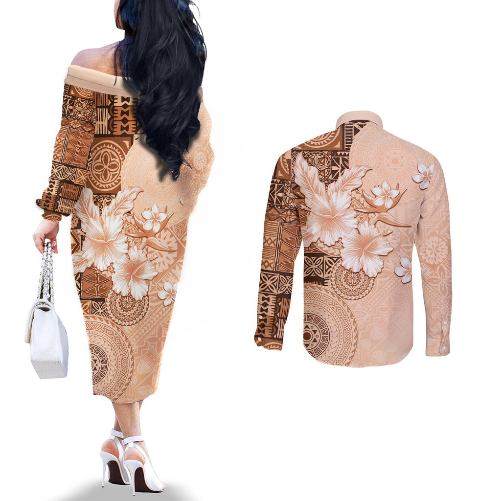 Hawaii Tapa Pattern With Brown Hibiscus Couples Matching Off The Shoulder Long Sleeve Dress and Long Sleeve Button Shirt