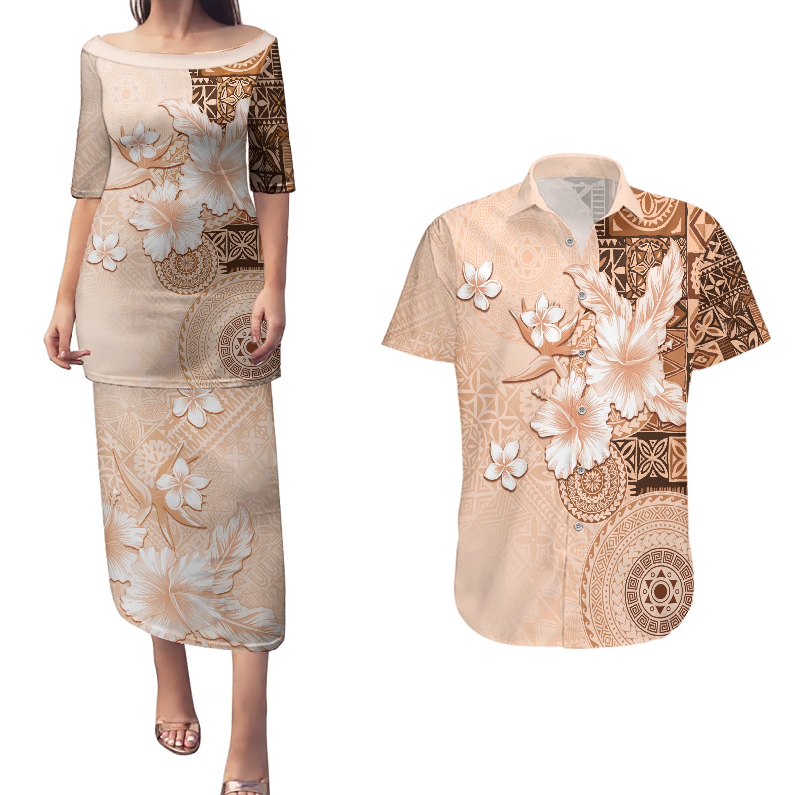 Hawaii Tapa Pattern With Brown Hibiscus Couples Matching Puletasi and Hawaiian Shirt